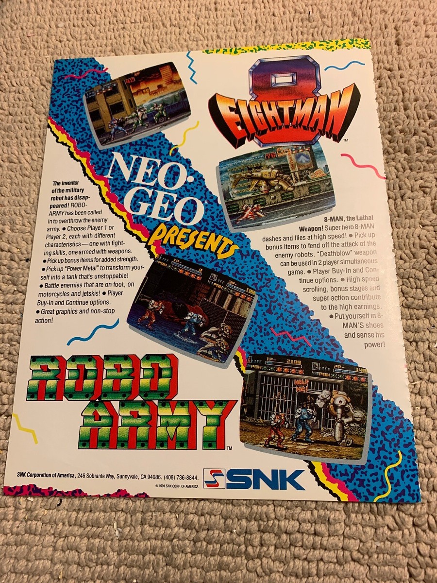 original ad 11-8 1/4” 8 Eight Man Robo Army Neo Geo Snk ARCADE 
