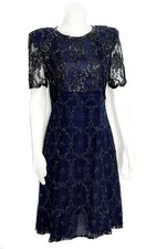 Blue Beaded Silk Dress Special Occasion Fit and Flare Hand Made in India 1990s