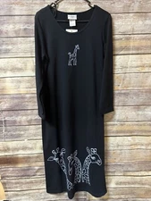 Vintage 90's Studio Ease Giraffe Dress Black Petite M Medium Long Sleeve Maxi NW