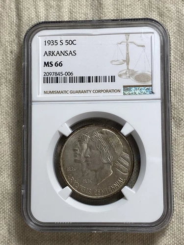 1935-S 50C Arkansas Commemorative Half Dollar NGC MS-66 Nice Original Skin