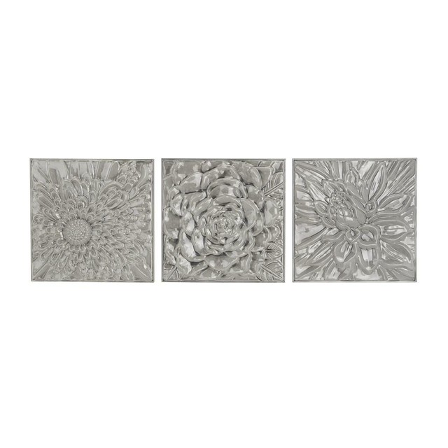 Modern Contemporary Floral Embossed Set/3 Metal Wall Art Panels Plaques