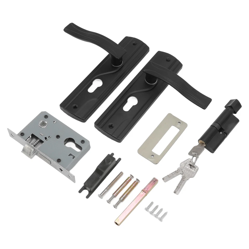 Door Handle Key Lock Set Black Lever Lock Handles with Steel Panel and Keys New - Image 4 of 4