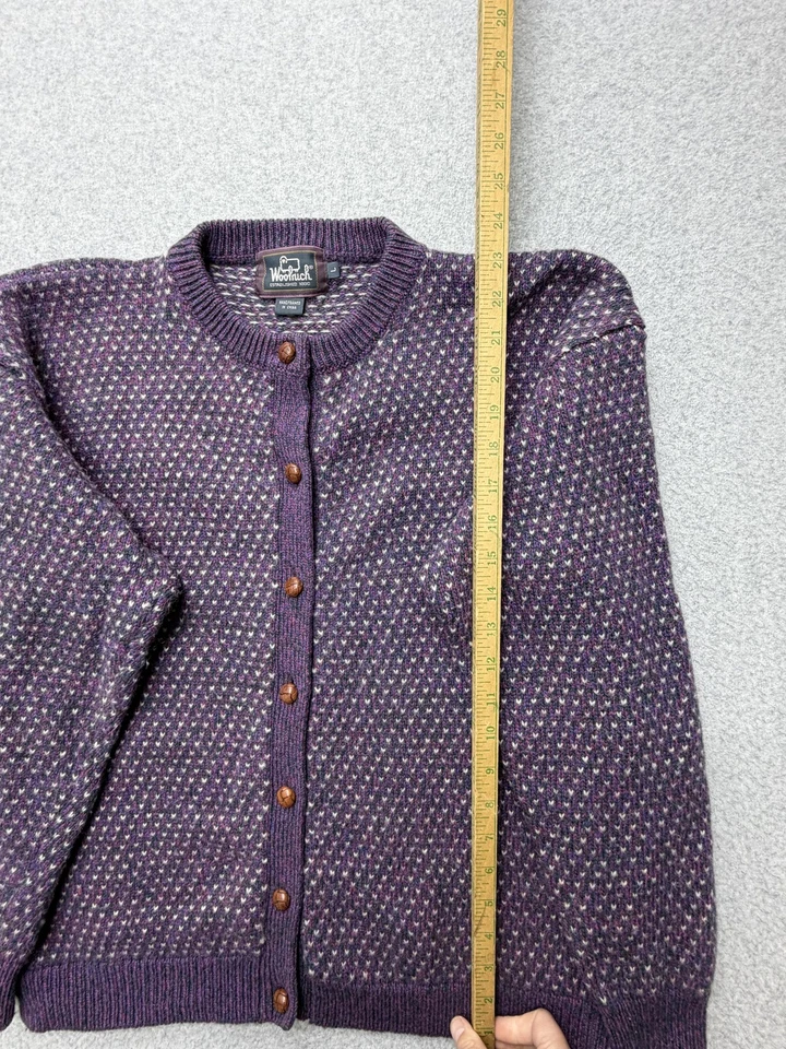 Cárdigan Woolrich Púrpura Geométrico Tejido Botón Frontal Lana Nylon Suéter Talla L Foto 4 de 4
