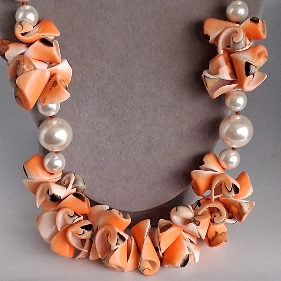 Sally C Treasures SX .925 Silver Orange Shells Pearls Necklace 24” - Image 4 of 4
