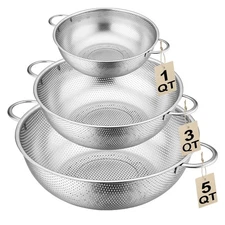 3-Piece Stainless Steel Colander Set with Handles - 5Qt/3Qt/1Qt Nesting Strai...