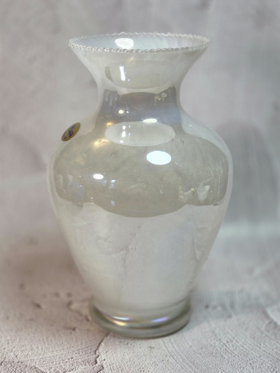 Murano Iridescent Pearl/White Hand Blown Glass Vase, Made in Italy