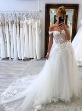 Gorgeous Lace Tulle Wedding Dresses A Line Off Shoulders Appliques Sweep Train
