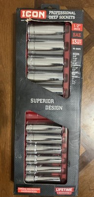 ICON Professional Deep Sockets 1/2'' Drive SAE 13 Piece Set 3/8 13/16 SSD5-13