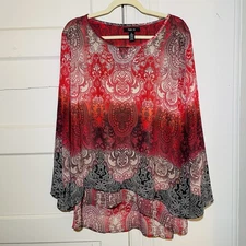 Style & Co Womens L Boho Tunic Top Red Floral Long Sleeve Studded Peasant Hippie