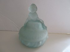 VINTAGE BLUE FROSTED "DANCING GIRL" POWDER JAR, TRINKET BOX