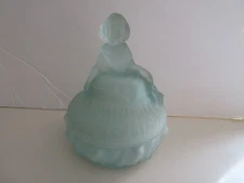 VINTAGE BLUE FROSTED "DANCING GIRL" POWDER JAR, TRINKET BOX