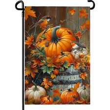 Fall Pumpkin Garden Flag 12x18 Inch Double Sided Autumn Maple Leaves Yard Fla...