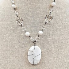 Vintage Silver Tone Wire Wrapped Pendant Necklace Clear Crystal White Bead Boho