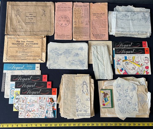Large Estate Lot Antique 1920 - 1950s Iron-On Transfers Embroidery Patterns 550g