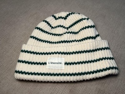 H&M Hat Beanie Womens One Size White Striped Knit L'eternite Logo Winter Soft