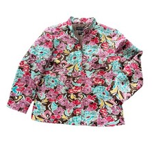 Silk Land Blazer Jacket Womens Medium Brown Floral Zip Up Art Whimsy Boho Ruched