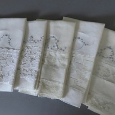 Partia 5 Antyczne ręcznie robione francuskie lniane ręczniki na palce Haft ręczny KORONKA wykończenie