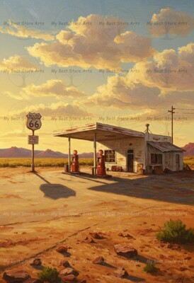 ROUTE 66 DESERT GAS STATION ART PRINT, Vintage American Poster