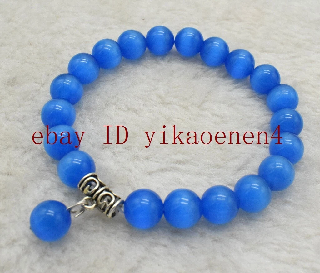 VALENTINO Bracciali perline pietre preziose rotonde occhio di gatto opale blu 10 mm 7 5 pollici