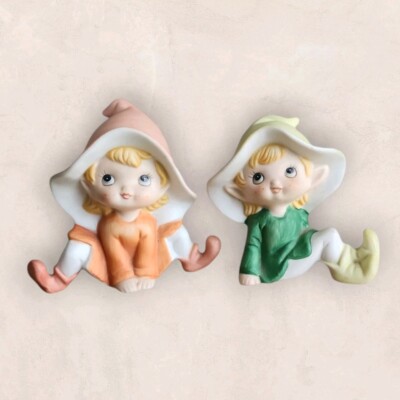 Homco Pixie Elf Elves Set of 2 Figurines Porcelain Vintage #5213 Orange & Green