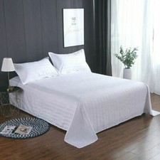 Image of Flat White Sheet Bed Stripe Satin Soft Cover Home Care Hotel Hypoallergenic