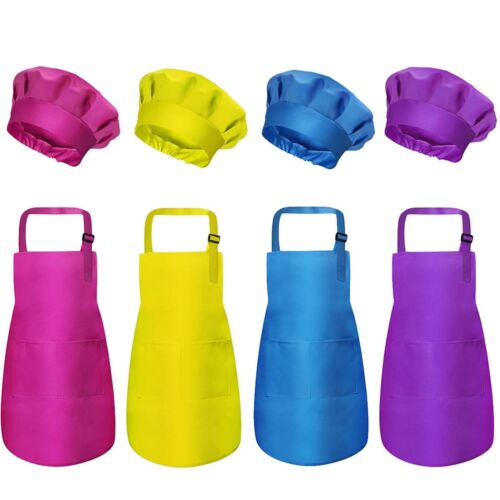 Apron and Chef Hat Set - 8 Pieces Waterproof and Adjustable Aprons with Pocke...