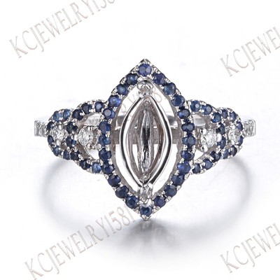 Sterling Silver Wedding Ring Semi Mount Natural Full Cut Diamond Sapphire 10X5mm