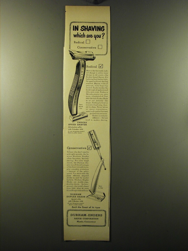 1949 Durham-Enders Speed Shaver and Duplex Razor Ad - In shaving which are you?