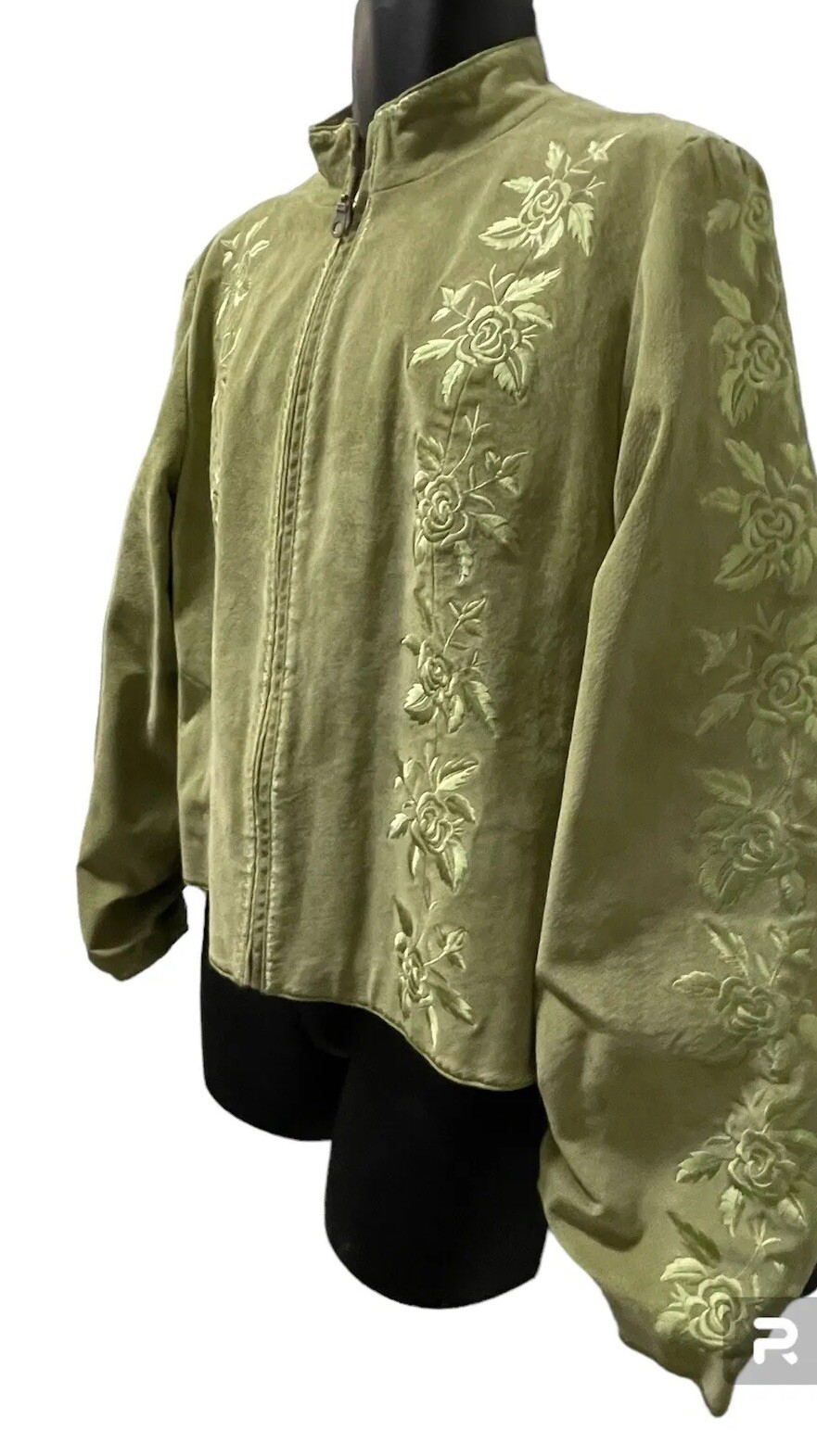 Vintage Metro Style Leather Jacket Women’s Size XL Green Embroidered Roses