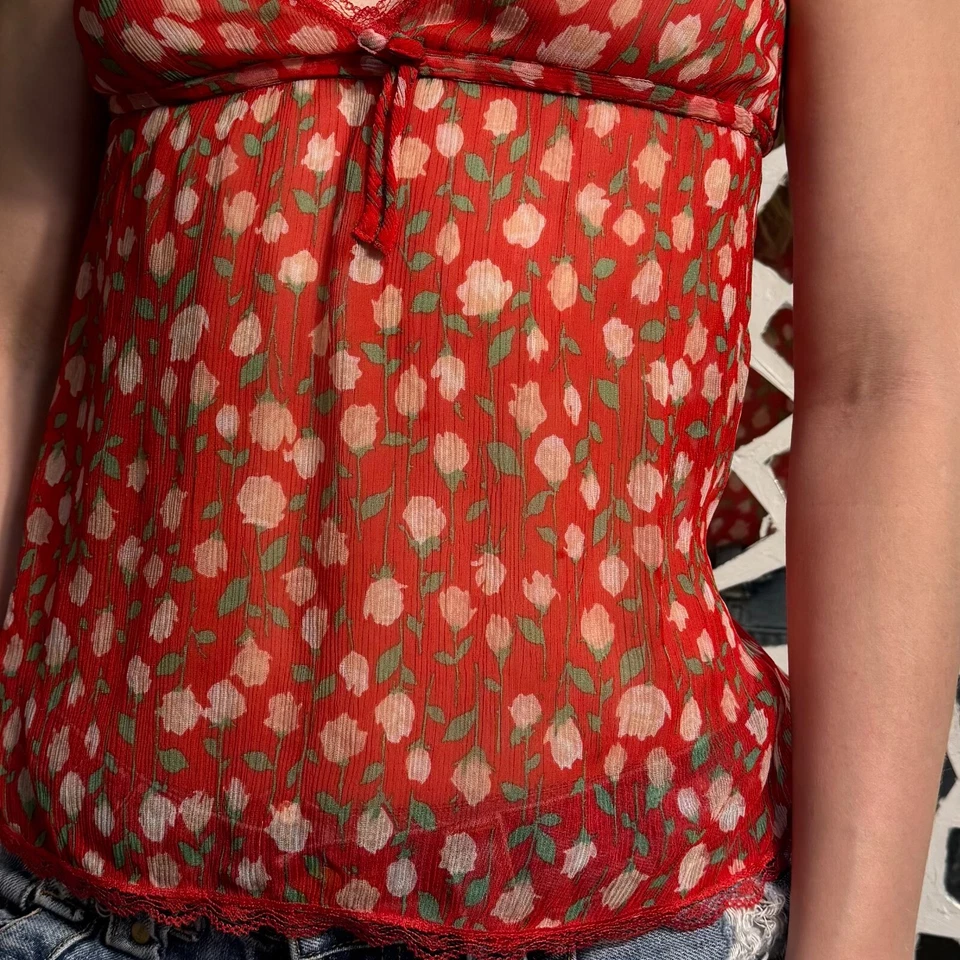 Camiseta sin mangas Kooples malla con encaje estampado floral viscosa roja talla 1 Foto 3 de 4