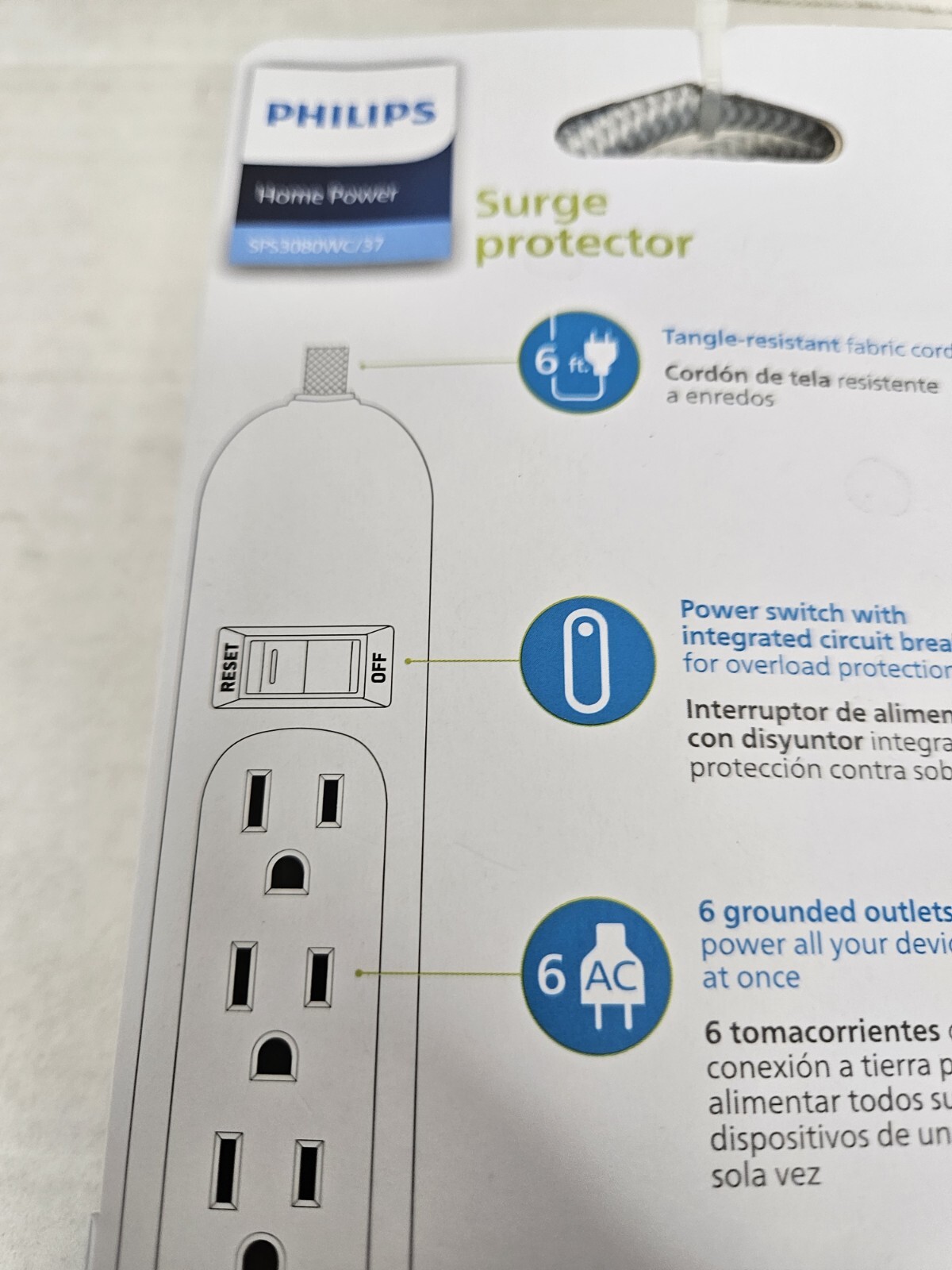 Phillips 6 Foot 6 Outlet Power Strip Braided Cord Gray/White