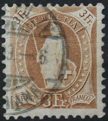 1905/07 Switzerland 3Fr Helvetia Alzata 80c / serrated 11/111/2 used (Dwei142