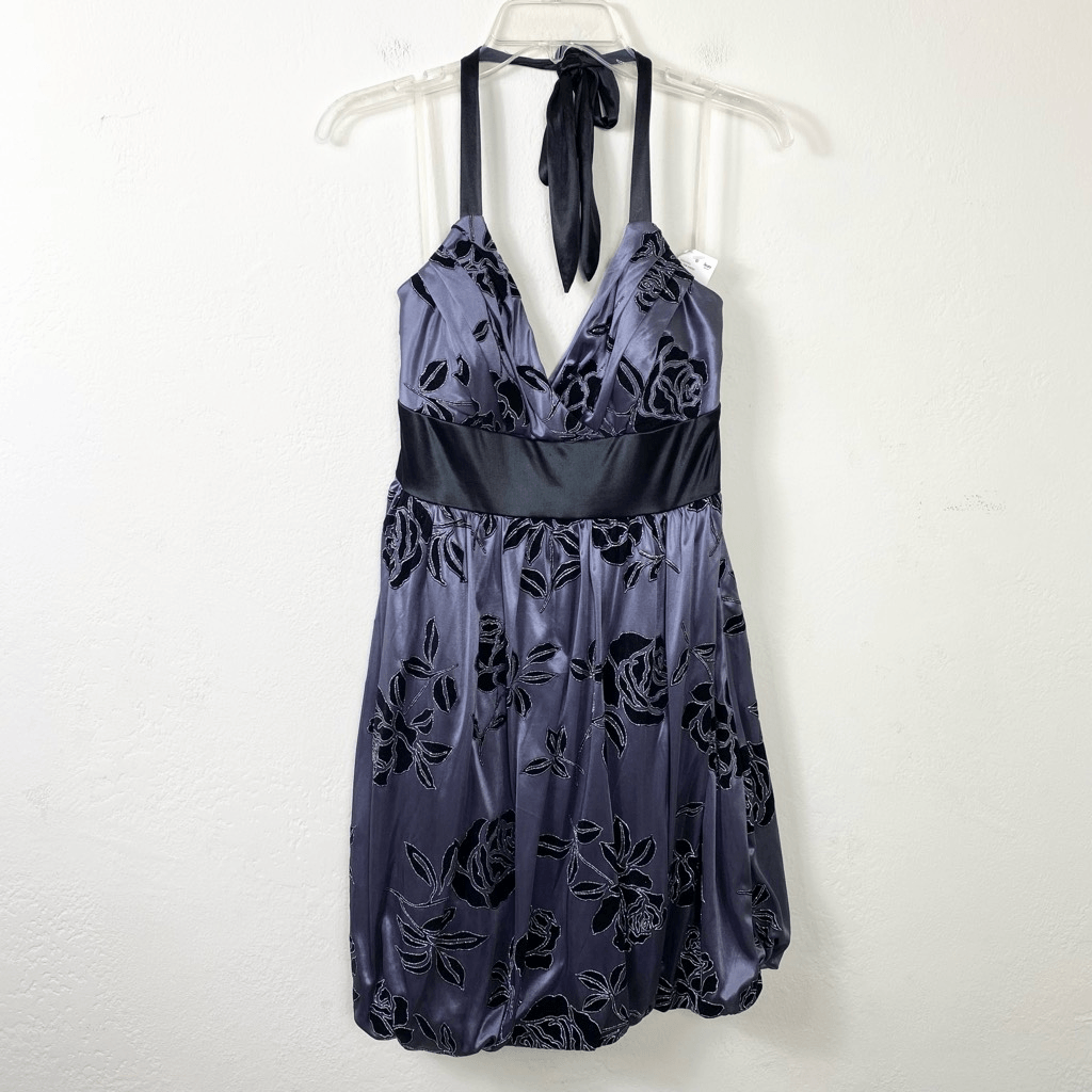 Trixxi Blue & Black Floral Tie Waist Bubble Hem Halter Neck Formal Dress  Size L