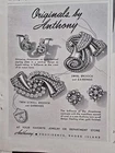1946 Originals by Anthony rhinestone brooch pin earrings jewelry ad