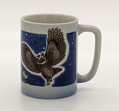 Otagiri Owl Mug Three Birds Sitting Flying Crescent Moon Blue Sheila Brown