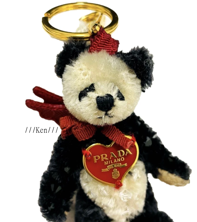 PRADA Key ring Key hol chain Bag charm Auth Panda RED Heart Plate CUTE F/S