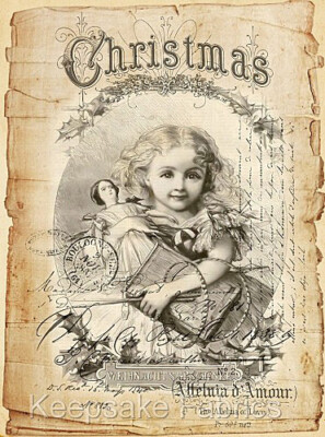 Christmas Girl & Doll Sepia Cotton Crazy Quilt Block Multi Szs (G2