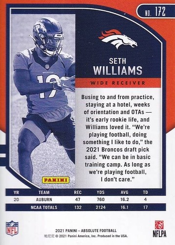 2021 Panini Absolute - Rookies #172 Seth Williams (RC) - Denver Broncos - Picture 3 of 3