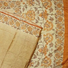 Namaste Vintage Beige Sarees 100% Pure Silk Floral Printed Sari 6YD Craft Fabric