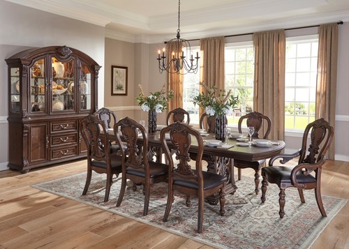 9 PC DARK OAK 108" ORNATE FORMAL DINING TABLE 8 FAUX LEATHER CHAIR FURNITURE SET - Picture 22 of 22