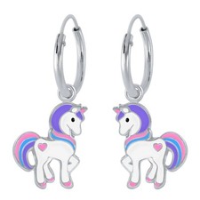 925 Sterling Silver Purple Blue Pink Heart Unicorn Sleeper Hoop Kids Earrings
