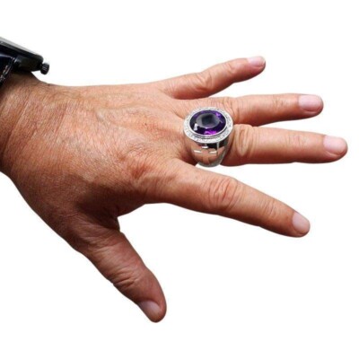 925 Sterling Silver Huge Natural Amethyst Bishop Ring Men's New