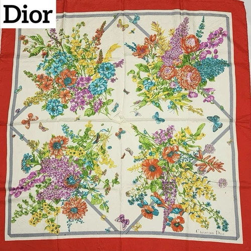 Authentique foulard Christian Dior motif fleurs 100% soie 87 x 85 cm rouge multicolore