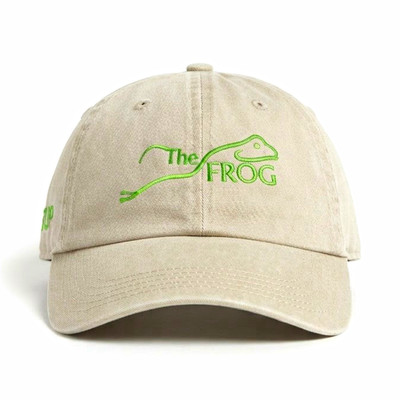 Men's Baseball Cap Hat Solid Beige w/ Green Embroidered Frog Logo Adjustable