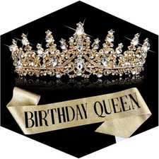 Birthday Queen Sash and Crown Set for Women - Gold Tiara Birthday Party Costume