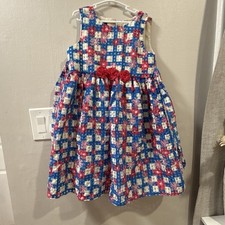 Girls Sleeveless Blue Red Floral Fit Flare Dress Bow Accent Knee Length