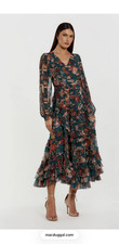 Mac Duggal Teal Multicolor Floral Mesh Ruffle V-Neck Midi Dress Size 8