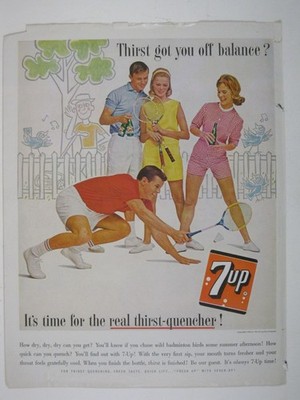 Print Ad Thirst Got You Off Balance 7Up Real Thirst Quencher Badminton MOD 1963
