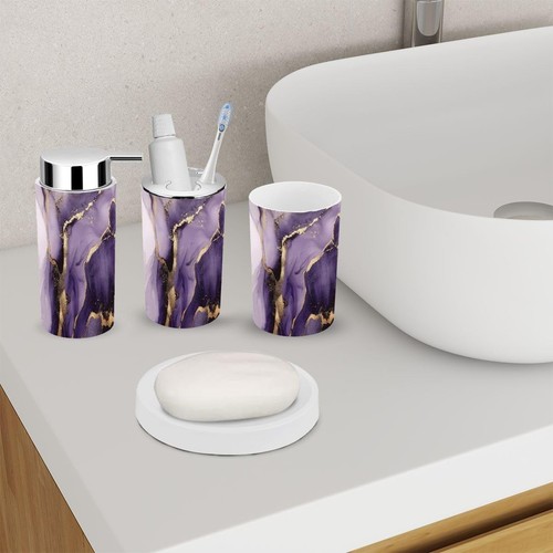 Juego de baño de plástico duradero de 6 piezas: elegante acabado de mármol púrpura y dorado - Imagen 4 de 7