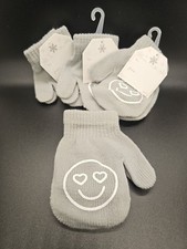 Kids Gray Smiley Face Heart Eyes Mittens One Size Fits Most- Lot Of 4 Pair